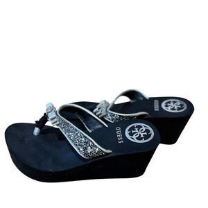 GUESS Sarraly Wedge Glittery Black and Silver Thong Sandals.
